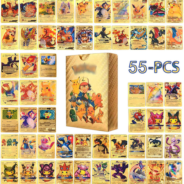Set 55 cartas metalizadas color dorado pkmon con caja