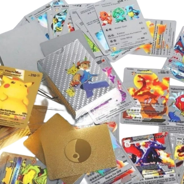 Set 55 cartas metalizadas color plateado pkmon con caja
