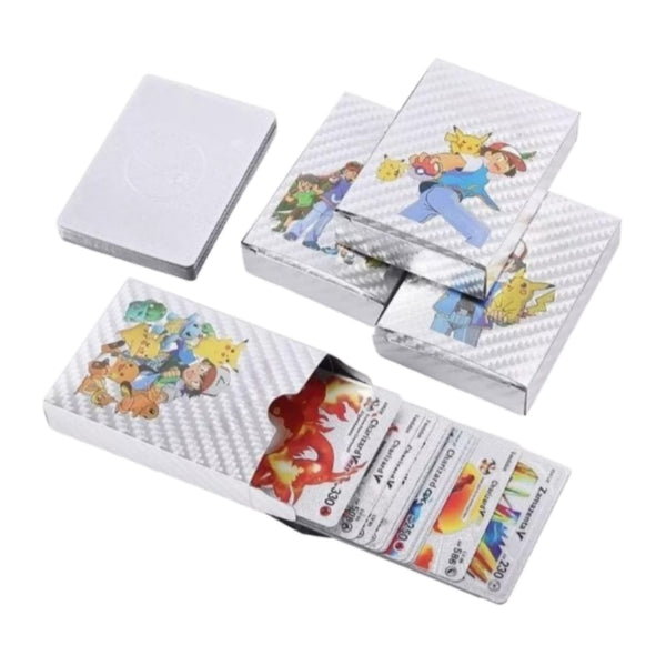 Set 55 cartas metalizadas color plateado pkmon con caja