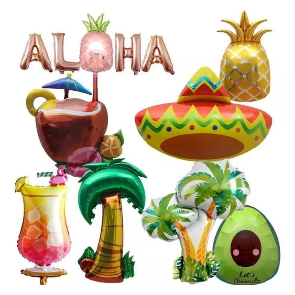 Pack 13 globos metalizados fiesta Hawai tropical mexicana