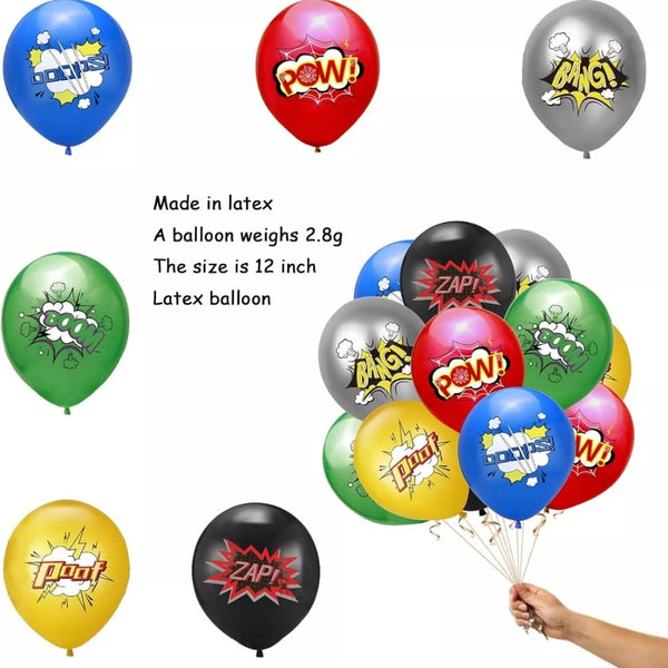 Set de 12 globos de latex  superheroes, Zap, boom, pow, bang
