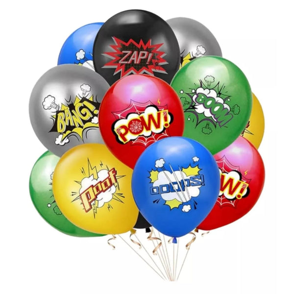 Set de 12 globos de latex  superheroes, Zap, boom, pow, bang