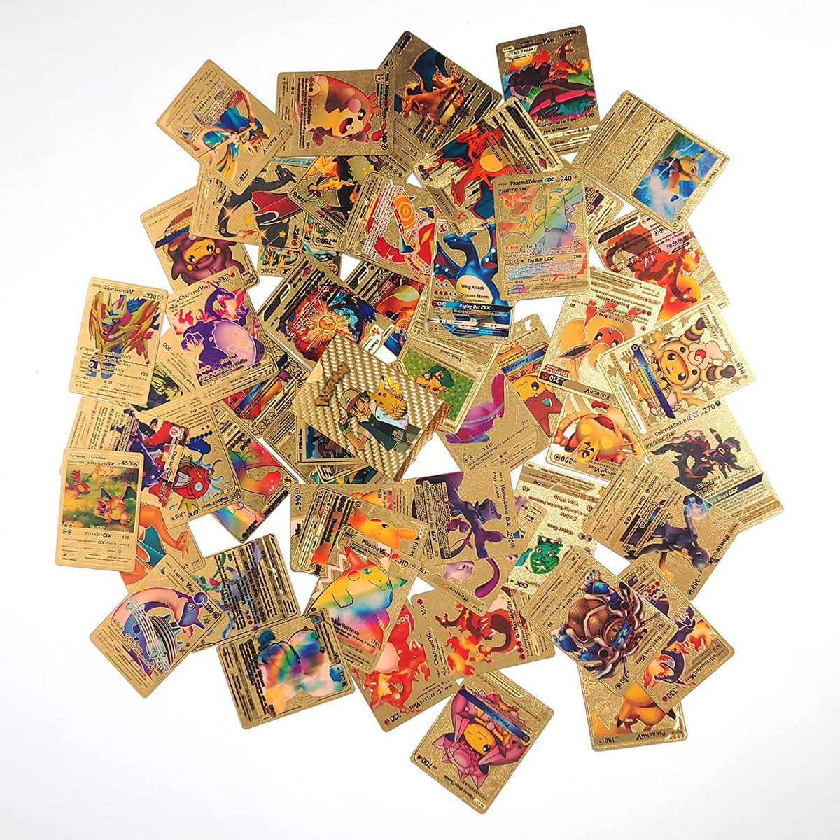 Set 55 cartas metalizadas color dorado pkmon con caja