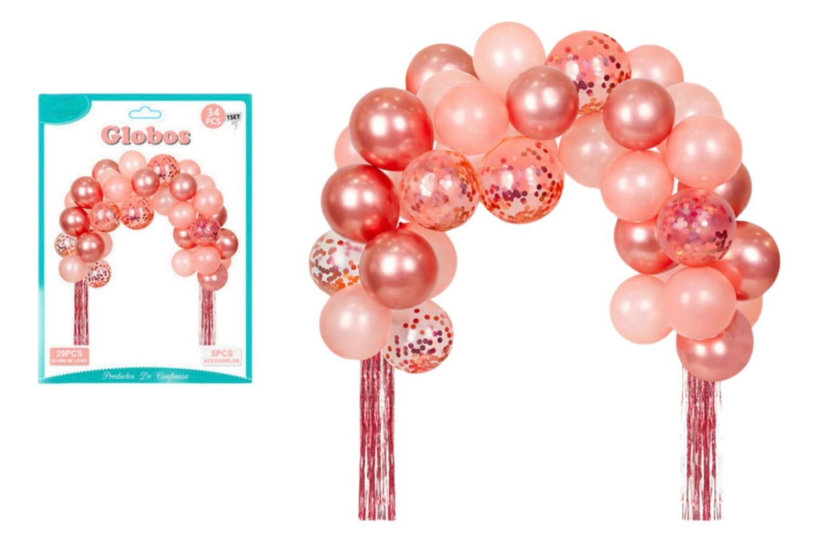 Set Arco Orgánico Globos Latex Cortina Oro Rosa 34pcs