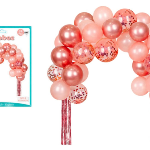 Set Arco Orgánico Globos Latex Cortina Oro Rosa 34pcs