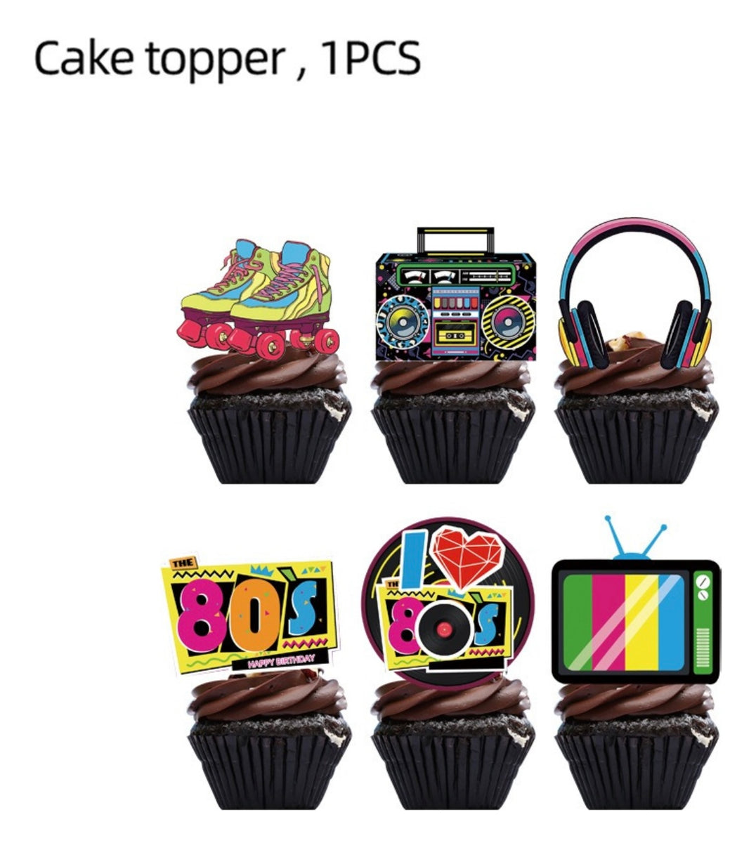 Set Decoración Topper Cupcakes Retro 80s Cumpleaños 24 Pcs