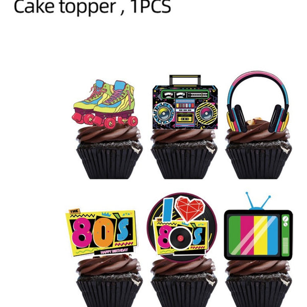 Set Decoración Topper Cupcakes Retro 80s Cumpleaños 24 Pcs