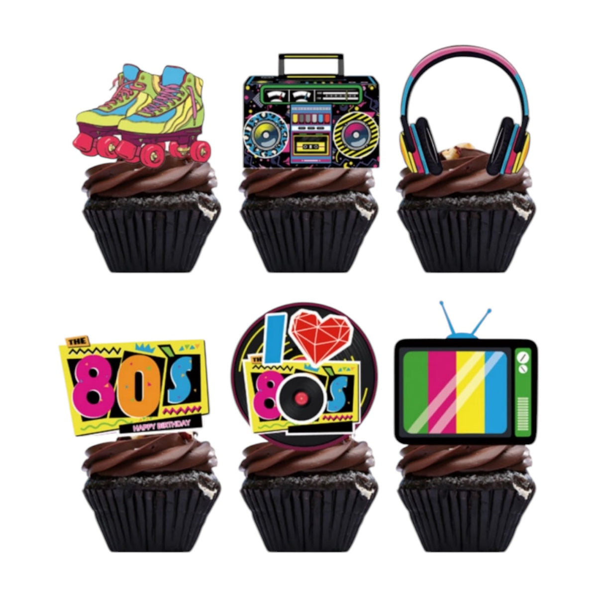 Set Decoración Topper Cupcakes Retro 80s Cumpleaños 24 Pcs