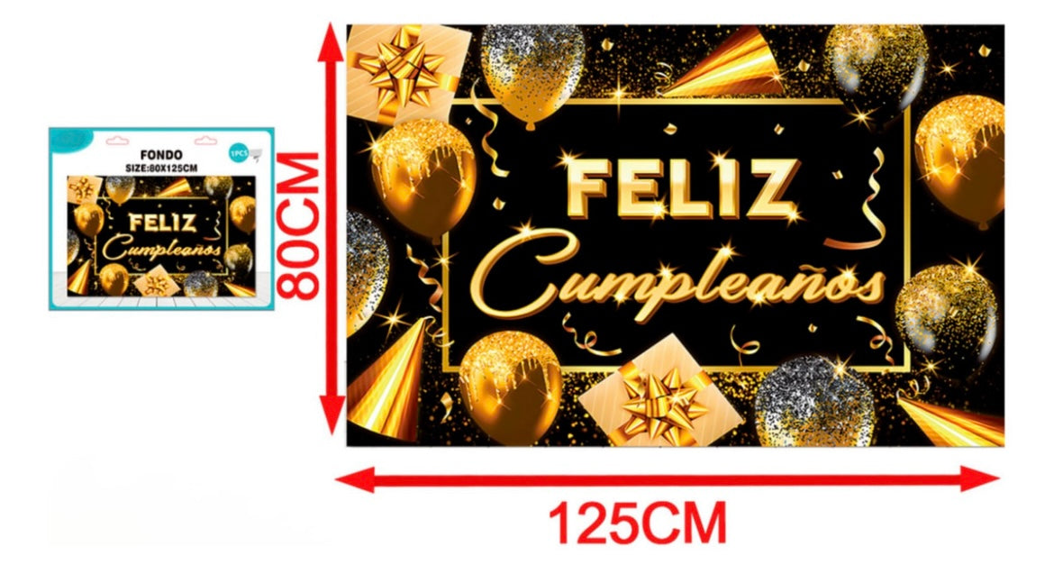 Fondo Telón Feliz Cumpleaños Negro Y Dorado Cotillón