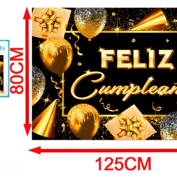 Fondo Telón Feliz Cumpleaños Negro Y Dorado Cotillón