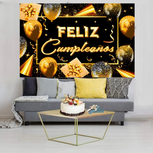 Fondo Telón Feliz Cumpleaños Negro Y Dorado Cotillón